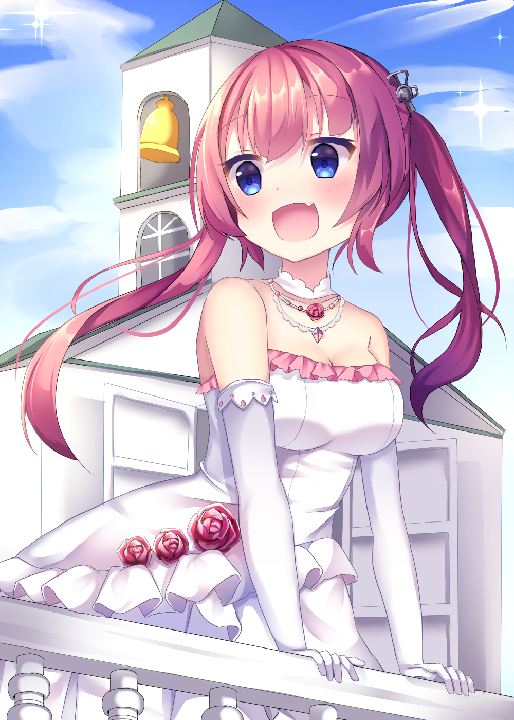 :d azur_lane bad_id bad_pixiv_id blue_eyes breasts church church_bell cleavage collarbone commentary_request dress elbow_gloves gloves highres long_hair looking_at_viewer medium_breasts off-shoulder_dress off_shoulder open_mouth red_hair san_diego_(azur_lane) smile solo tsuruse twintails wedding_dress white_dress white_gloves wind