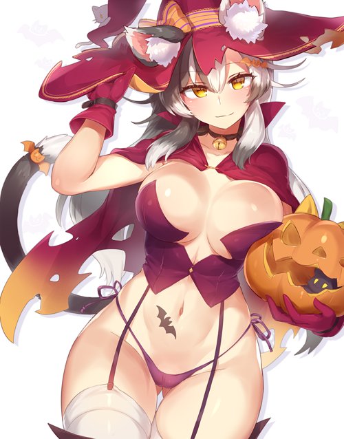 animal_ears ass_visible_through_thighs bell bell_choker breasts cape cat_ears cat_tail choker closed_mouth commentary_request cowboy_shot ears_through_headwear gloves halloween_costume hat highleg highleg_panties jack-o'-lantern jingle_bell large_breasts long_hair looking_at_viewer navel original panties purple_panties red_gloves revealing_clothes silver_hair smile solo stomach tail tattoo thighhighs underwear white_legwear witch_hat yamaarashi yellow_eyes