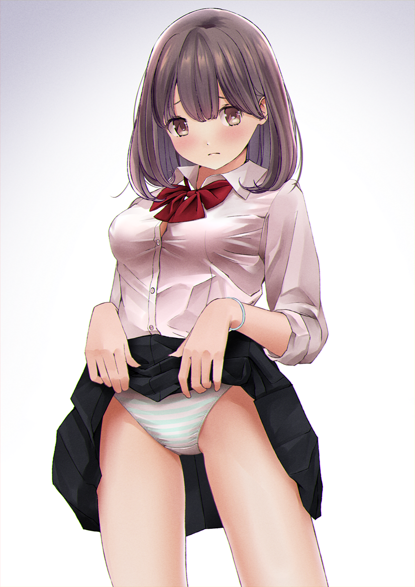 bangs black_skirt blush bow bowtie bracelet breasts brown_eyes brown_hair button_gap chikuwa_(odennabe) closed_mouth collared_shirt commentary_request cowboy_shot dress_shirt gradient gradient_background green_panties jewelry lifted_by_self looking_at_viewer medium_hair original panties pleated_skirt raised_eyebrows red_neckwear school_uniform shirt simple_background skirt skirt_lift sleeves_rolled_up slightly_open_shirt small_breasts solo striped striped_panties tareme thighs underwear white_background white_shirt