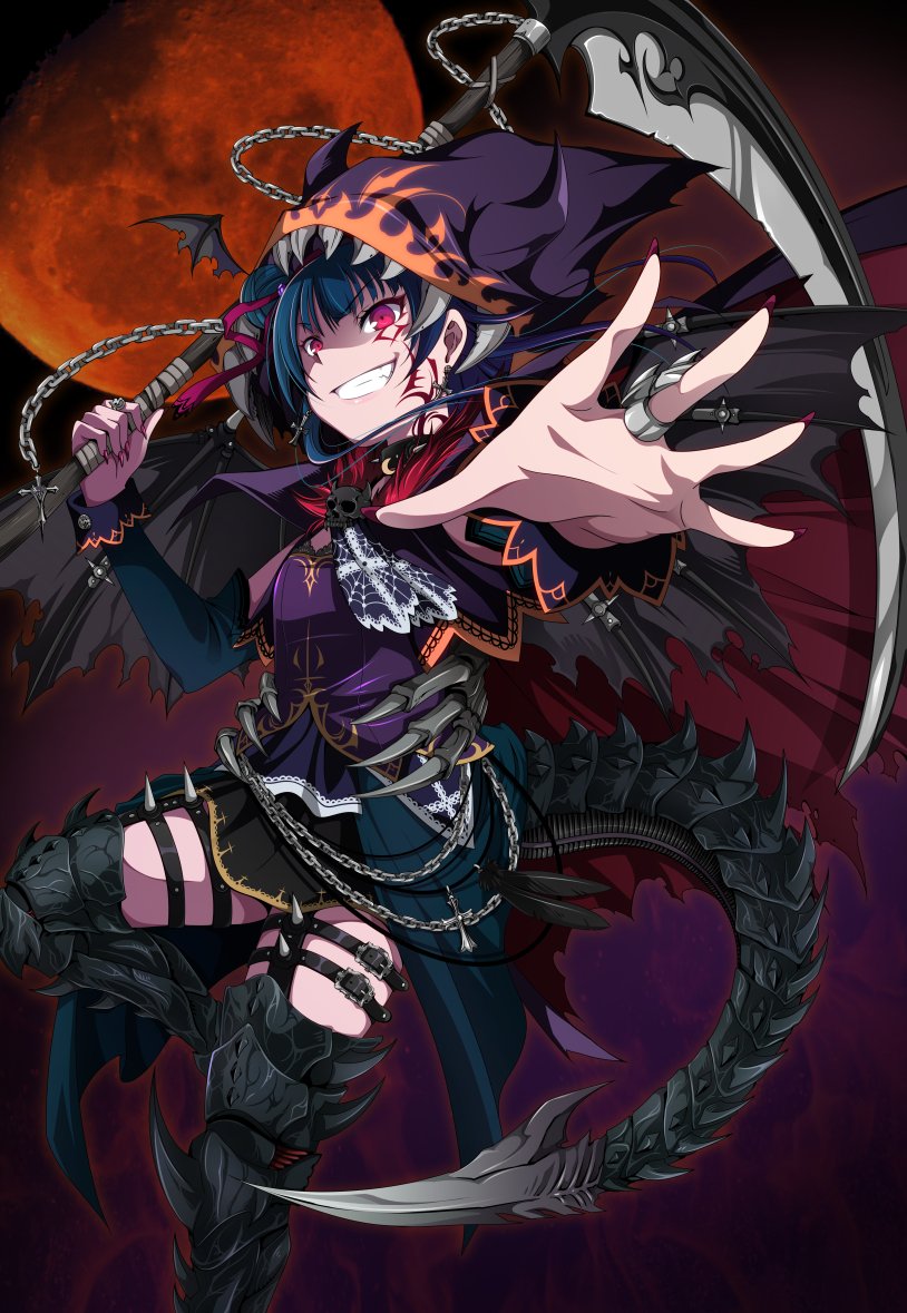 ascot black_feathers boots cape chain choker commentary_request cross cross_earrings demon_horns demon_wings detached_sleeves earrings evil_grin evil_smile facial_mark foreshortening garter_straps grin halloween halloween_costume hood horns inui_sekihiko jewelry looking_at_viewer love_live! love_live!_sunshine!! moon nail_polish night outstretched_hand red_moon red_nails ring scythe shaded_face skull smile solo spider_web_print spiked_boots spiked_tail tail thigh_boots thigh_strap thighhighs tsushima_yoshiko wings