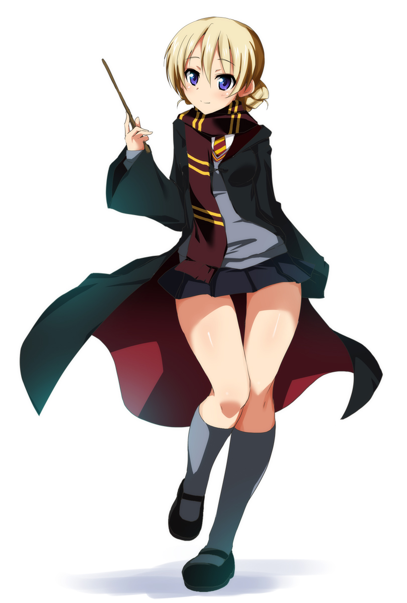 arm_behind_back black_footwear black_legwear black_skirt blue_eyes blush braid breasts cloak closed_mouth commentary_request cosplay darjeeling eyebrows_visible_through_hair full_body girls_und_panzer gryffindor hair_between_eyes harry_potter highres hogwarts_school_uniform holding holding_wand kneehighs leg_up long_sleeves looking_at_viewer mary_janes medium_breasts miniskirt ouhashi pleated_skirt red_scarf scarf shoes short_hair simple_background skirt skirt_lift smile socks solo standing standing_on_one_leg striped striped_neckwear striped_scarf tareme thigh_gap uwabaki wand white_background wide_sleeves