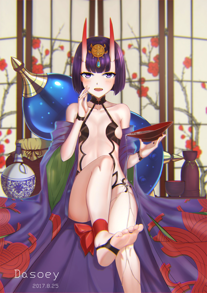:d ankle_ribbon artist_name barefoot blush breasts cup dasoey dated fate_(series) hair_ornament horns indoors looking_at_viewer oni oni_horns open_mouth pouring purple_eyes purple_hair ribbon sakazuki short_hair shuten_douji_(fate/grand_order) sitting small_breasts smile soles solo toes