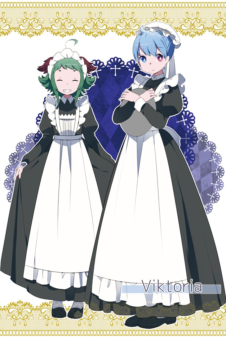 ^_^ ahoge alternate_costume animal_ears apron black_dress black_footwear blue_eyes blue_hair closed_eyes commentary_request dress enmaided full_body green_hair grin heterochromia juliet_sleeves kasodani_kyouko long_dress long_sleeves maid maid_cap maid_headdress multiple_girls namauni puffy_sleeves red_eyes shoes smile standing tatara_kogasa touhou tray white_legwear