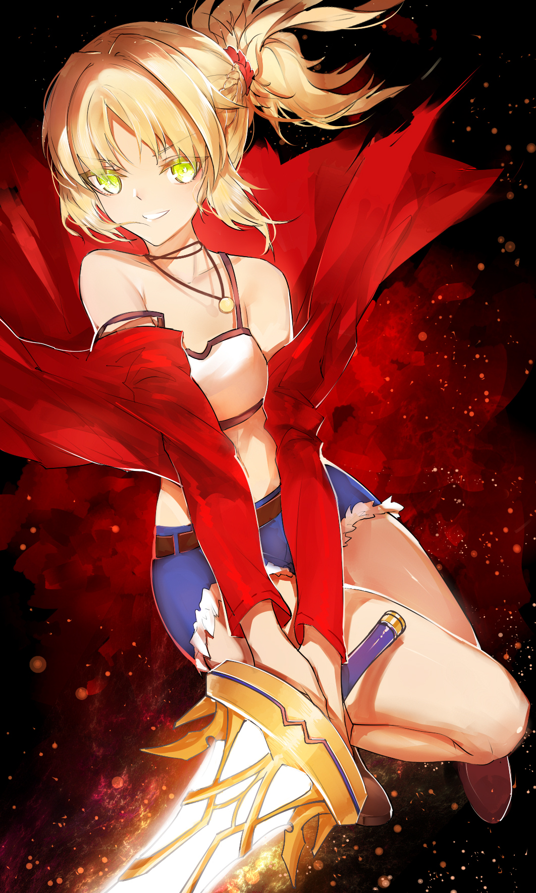 blonde_hair blue_shorts collarbone crop_top excalibur eyebrows_visible_through_hair fate/apocrypha fate_(series) floating_hair full_body green_eyes hair_ornament highres holding holding_sword holding_weapon horz jewelry long_hair looking_at_viewer midriff mordred_(fate) mordred_(fate)_(all) navel necklace off_shoulder ponytail short_shorts shorts smile solo stomach sword weapon