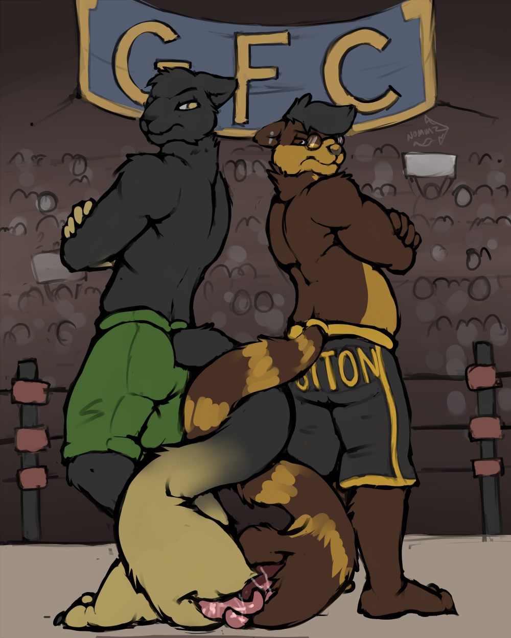 2016 anthro clothing crowd digital_media_(artwork) drooling duo_focus eyewear glasses group hair kissing looking_at_viewer male mammal nommz rodent saliva simple_background squirrel tailmaw wrestling
