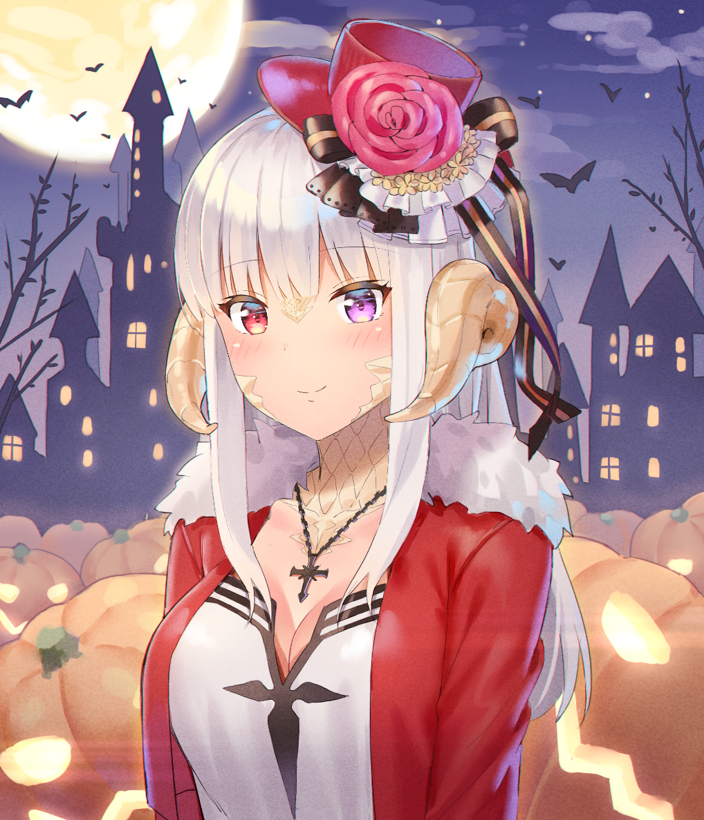 5ya au_ra bangs black_ribbon blush breasts castle cleavage closed_mouth cloud cross cross_necklace eyebrows_visible_through_hair final_fantasy final_fantasy_xiv flower frills full_moon fur_trim halloween hat hat_flower hat_ribbon heterochromia horns jack-o'-lantern jacket jewelry large_breasts long_hair long_sleeves looking_at_viewer mini_hat moon necklace night night_sky open_clothes open_jacket outdoors pumpkin purple_eyes red_eyes red_flower red_jacket red_rose ribbon rose scales shirt sky smile solo top_hat tree upper_body white_hair white_shirt