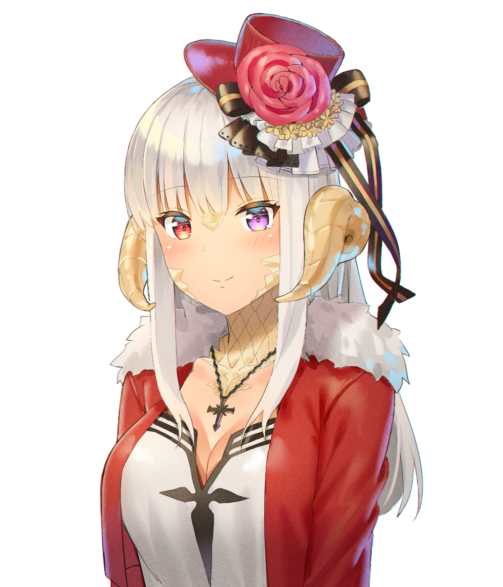 5ya au_ra bangs black_ribbon blush breasts cleavage closed_mouth cross cross_necklace eyebrows_visible_through_hair final_fantasy final_fantasy_xiv flower frills fur_trim halloween hat hat_flower hat_ribbon heterochromia horns jacket jewelry large_breasts long_hair long_sleeves looking_at_viewer mini_hat necklace open_clothes open_jacket purple_eyes red_eyes red_flower red_jacket red_rose ribbon rose scales shirt simple_background smile solo top_hat upper_body white_background white_hair white_shirt