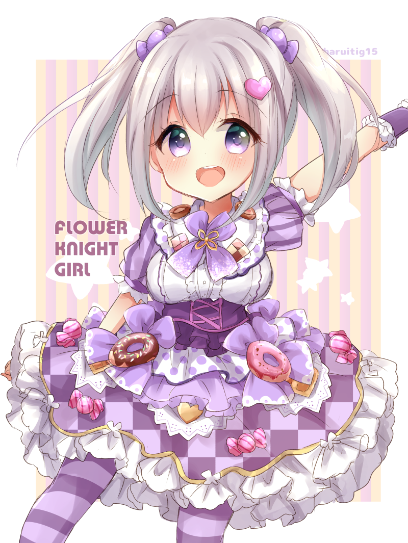 :d bangs blush bow breasts candy candy_hair_ornament candy_wrapper center_frills checkered checkered_skirt cookie copyright_name doughnut eyebrows_visible_through_hair flower_knight_girl food food_themed_hair_ornament frilled_skirt frilled_sleeves frills grey_hair hair_between_eyes hair_ornament haru_ichigo heart heart_hair_ornament iberis_(flower_knight_girl) long_hair looking_at_viewer medium_breasts open_mouth outstretched_arm pantyhose puffy_short_sleeves puffy_sleeves purple_bow purple_eyes purple_legwear purple_skirt shirt short_sleeves sidelocks skirt smile solo star striped striped_background striped_legwear striped_sleeves tareme twintails upper_teeth vertical-striped_background vertical_stripes white_shirt wrist_cuffs