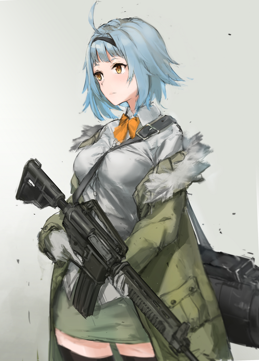 ahoge assault_rifle bag blush brown_eyes cowboy_shot duffel_bag expressionless fur_trim girls_frontline gloves gun highres jacket off_shoulder rifle silver_hair skirt t91_(girls_frontline) t91_assault_rifle trigger_discipline unitsu weapon