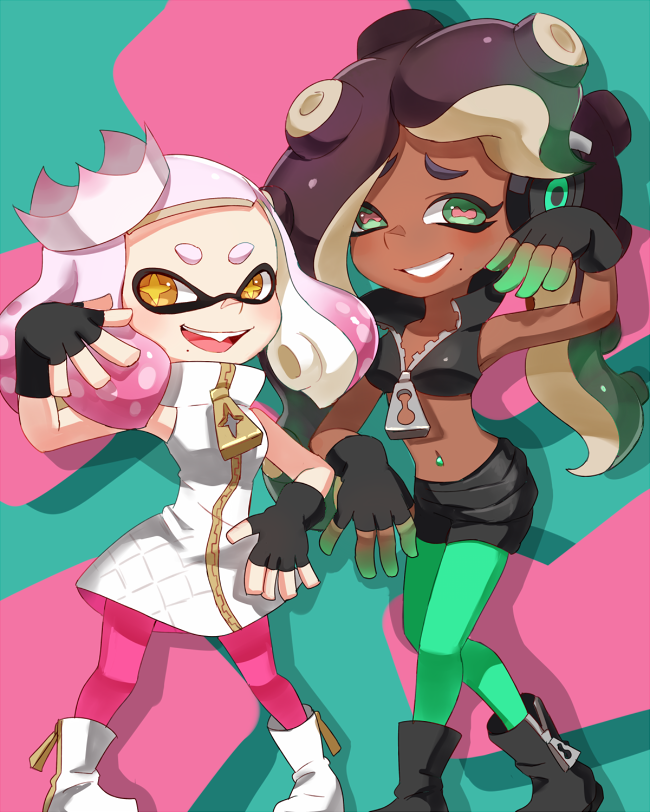 2017 beauty_mark boots clothing crown dark_skin dress duo female fingerless_gloves footwear gloves green_eyes headphones humanoid inkling legwear marina_(splatoon) mask navel nintendo not_furry octoling pearl_(splatoon) riko_(sorube) smile splatoon tentacle_hair tentacles video_games yellow_eyes