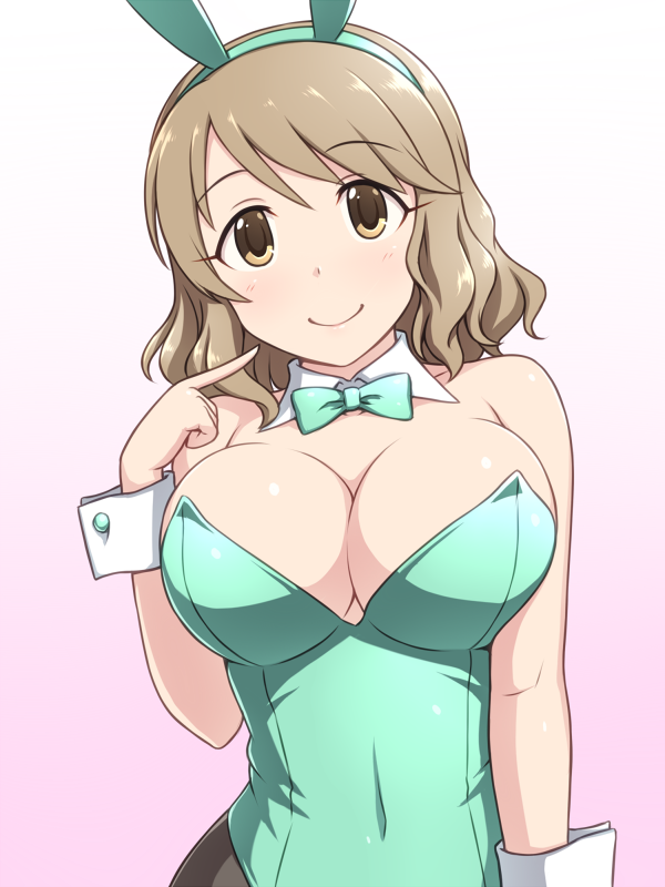 animal_ears aqua_leotard aqua_neckwear bow bowtie breasts brown_eyes brown_hair bunny_ears bunnysuit cleavage detached_collar idolmaster idolmaster_cinderella_girls large_breasts leotard pantyhose pataniito short_hair solo strapless strapless_leotard tsukimiya_miyabi upper_body wavy_hair wrist_cuffs