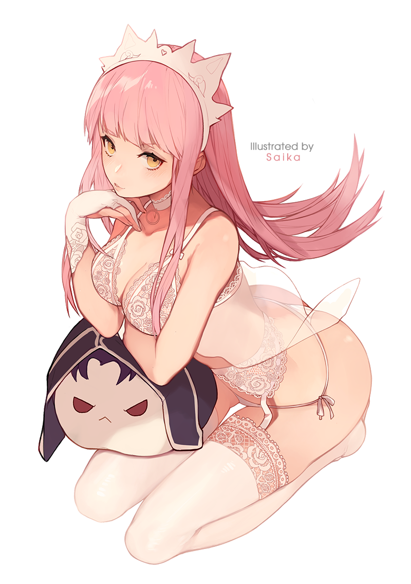 1girl artist_name ass bra choker cu_chulainn_alter_(fate/grand_order) fate/grand_order fate_(series) garters gloves hairband kneeling lancer lingerie long_hair looking_at_viewer medb_(fate)_(all) medb_(fate/grand_order) panties partly_fingerless_gloves pink_hair saika_(saika_nyan) seiza shiny shiny_skin simple_background sitting thigh_strap thighhighs underwear white_background white_bra white_gloves white_hairband white_legwear white_neckwear white_panties yellow_eyes