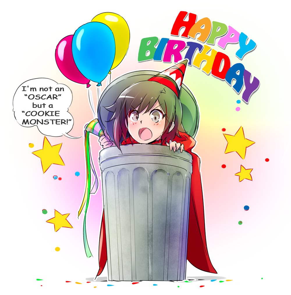 balloon birthday cape commentary_request cosplay english halloween hat iesupa oscar_the_grouch oscar_the_grouch_(cosplay) party_hat ruby_rose rwby rwby_chibi sesame_street solo trash_can