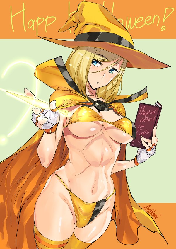 aqua_eyes artist_name ashiomi_masato bikini blonde_hair blush book breasts cape eyebrows_visible_through_hair eyes_visible_through_hair fingerless_gloves gloves glowing guilty_gear guilty_gear_xrd happy_halloween hat heart hips large_breasts letterboxed light_trail looking_to_the_side magic millia_rage navel open_book parted_lips solo swimsuit thighhighs thighs toned white_gloves witch_hat yellow_bikini yellow_legwear