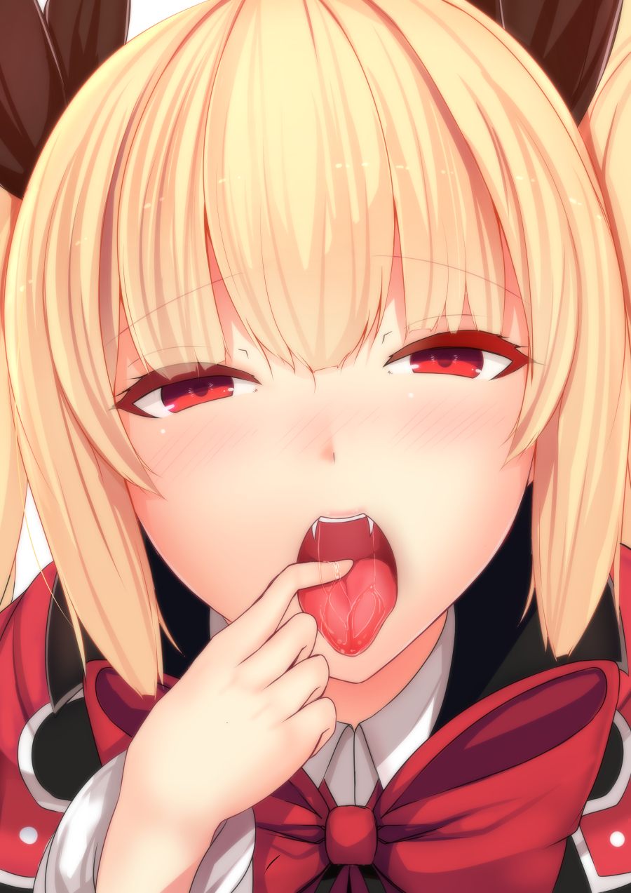 blazblue blonde_hair blush close-up daiaru fangs highres looking_at_viewer rachel_alucard red_eyes saliva solo tongue tongue_out twintails