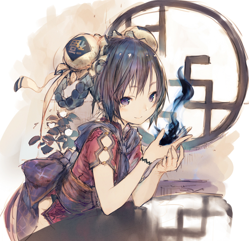 bangs black_hair braid chinese_clothes closed_mouth commentary_request double_bun fire frills hands_up holding jiyu2 looking_at_viewer original purple_eyes purple_hair short_sleeves sidelocks smile solo