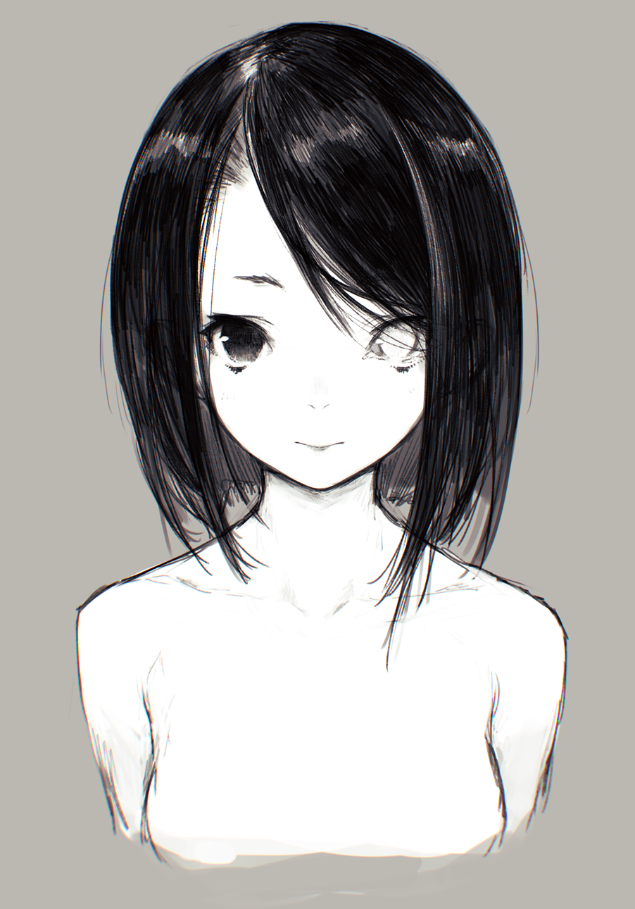bangs bare_shoulders closed_mouth collarbone cropped_torso grey_background greyscale heterochromia highres jiyu2 looking_at_viewer monochrome original portrait simple_background sketch solo swept_bangs upper_body