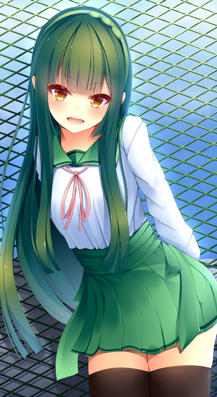 :d against_fence arms_behind_back bangs black_legwear blue_sky blunt_bangs blush chain-link_fence cowboy_shot dark_green_hair day eyebrows_visible_through_hair eyelid_piercing fence green_hair green_hairband green_sailor_collar hairband highres kiseno leaning_to_the_side long_hair long_sleeves looking_at_viewer open_mouth outdoors piercing pink_ribbon pleated_skirt red_eyes ribbon sailor_collar school_uniform serafuku shirt sidelocks skirt sky smile solo standing straddling thighhighs touhoku_zunko very_long_hair voiceroid white_shirt zettai_ryouiki