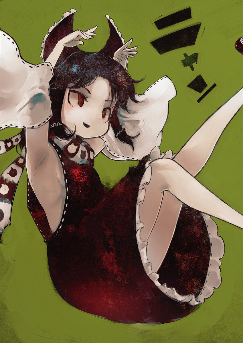 armpits bare_legs benikurage black_hair bow breasts cookie_(touhou) detached_sleeves dress fang green_background hair_bow hair_ornament hakurei_reimu highres koohee no_bra red_bow red_dress red_eyes ribbon-trimmed_sleeves ribbon_trim scarf shoes short_dress sideboob simple_background small_breasts smile solo touhou