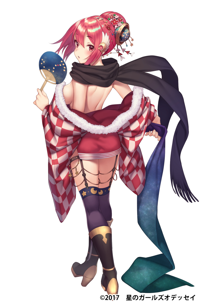 antares_(hoshi_no_girls_odyssey) back black_footwear black_legwear black_scarf boots breasts checkered expressionless fan flower full_body hair_flower hair_ornament highres hoshi_no_girls_odyssey knee_boots looking_at_viewer medium_breasts miniskirt official_art paper_fan pokachu red_eyes red_hair red_skirt scarf short_hair sideboob simple_background skirt solo standing thighhighs uchiwa white_background