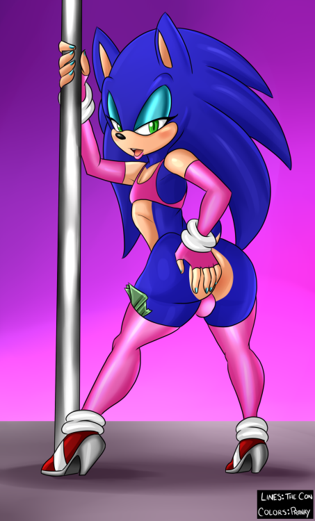 armwear blue_fur clothed clothing crossdressing dancing footwear fur girly gloves hedgehog high_heels legwear lipstick makeup mammal money pole pole_dancing pranky shoes sonic_(series) sonic_the_hedgehog stripper thecon thigh_highs