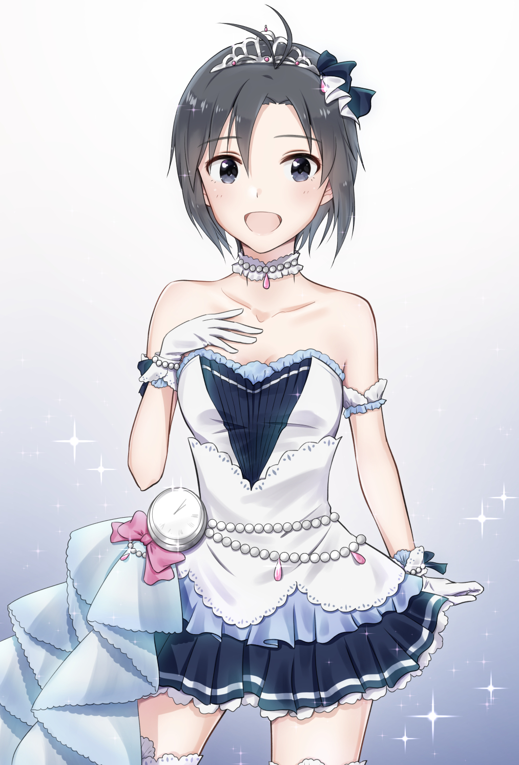 1girl :d antenna_hair black_hair black_skirt bow bracelet choker clock collar cowboy_shot diadem eyebrows_visible_through_hair frilled_skirt frills gloves grey_background grey_eyes hair_between_eyes hair_ornament highres idolmaster idolmaster_(classic) jewelry kikuchi_makoto layered_skirt looking_at_viewer miniskirt mogskg open_mouth pink_bow shiny shiny_hair short_hair simple_background skirt sleeveless smile solo sparkle standing starry_sky_bright strapless thighhighs white_gloves white_legwear zettai_ryouiki