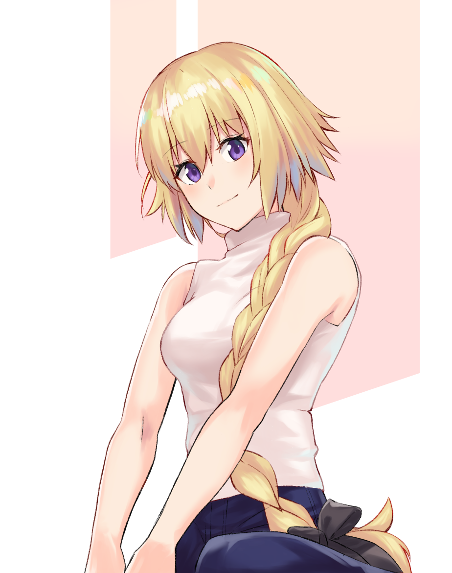 1girl black_bow blonde_hair blue_eyes blue_pants bow braid braided_ponytail eyebrows_visible_through_hair fate/apocrypha fate_(series) hair_between_eyes hair_bow hair_over_shoulder jeanne_d'arc_(fate) jeanne_d'arc_(fate)_(all) long_hair looking_at_viewer nyorotono pants shiny shiny_hair single_braid sitting smile solo sweater turtleneck turtleneck_sweater very_long_hair vest white_vest