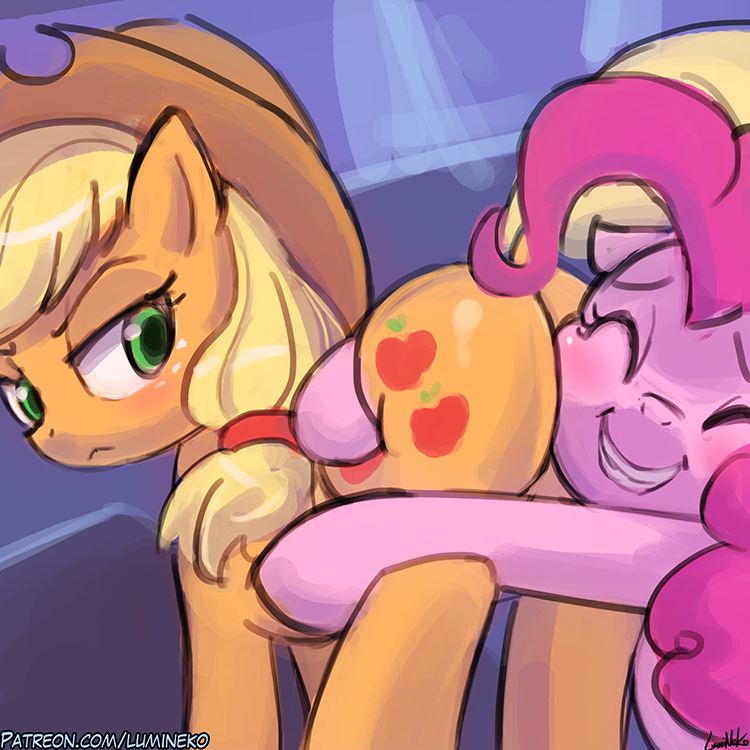 2017 abstract_background applejack_(mlp) blonde_hair blush butt cowboy_hat cutie_mark duo earth_pony equine eyes_closed female feral freckles friendship_is_magic frown green_eyes hair hat horse hug looking_back lumineko mammal my_little_pony pink_hair pinkie_pie_(mlp) pony smile