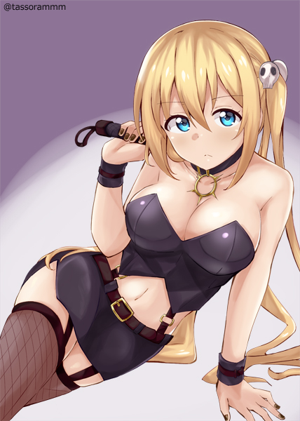 arm_support arm_up bangs banned_artist bare_shoulders belt belt_buckle black_legwear black_nails black_skirt blend_s blonde_hair blue_eyes blush brown_belt buckle closed_mouth commentary_request eyebrows_visible_through_hair fingernails fishnet_legwear fishnets garter_straps hair_between_eyes hair_ornament hinata_kaho holding holding_whip leaning_to_the_side long_hair looking_at_viewer midriff miniskirt nail_polish navel purple_background sidelocks simple_background skirt skull_hair_ornament solo strapless tasora thighhighs twintails twitter_username very_long_hair whip wrist_cuffs