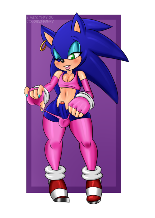 armwear blue_fur clothed clothing colored_nails crossdressing fingerless_gloves footwear fur gloves green_eyes hedgehog high_heels legwear lipstick makeup mammal panties penis pink_armwear pink_legwear pink_underwear pranky shoes sonic_(series) sonic_the_hedgehog thecon thigh_highs underwear