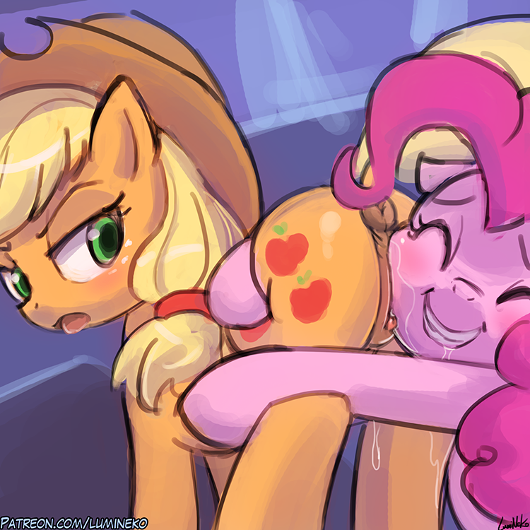2017 abstract_background anus applejack_(mlp) blonde_hair blush butt clitoris cowboy_hat cutie_mark dock duo earth_pony equine eyes_closed female female/female feral freckles friendship_is_magic green_eyes hair hat horse hug looking_back lumineko mammal my_little_pony open_mouth pink_hair pinkie_pie_(mlp) pony pussy pussy_juice smile