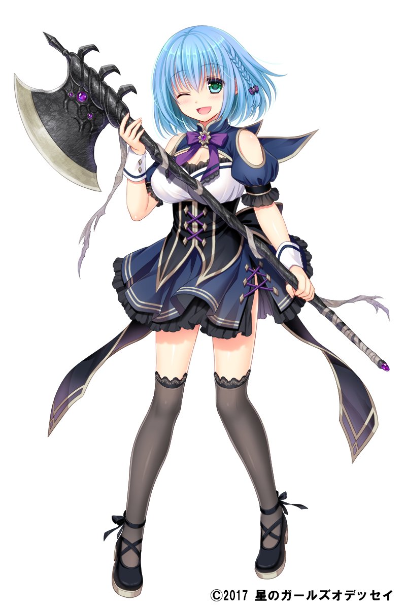 2017 ;d adhara_(hoshi_no_girls_odyssey) axe black_footwear blue_hair blue_skirt bow braid brooch copyright_name full_body green_eyes grey_legwear hagino_kouta hair_bow highres holding holding_axe holding_weapon hoshi_no_girls_odyssey jewelry layered_skirt looking_at_viewer official_art one_eye_closed open_mouth purple_bow shoes short_hair simple_background skirt smile solo strappy_heels thighhighs weapon white_background wrist_cuffs