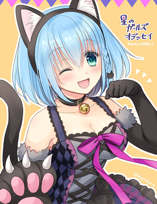 ;d adhara_(hoshi_no_girls_odyssey) animal_ears argyle bell bell_choker black_gloves black_neckwear blue_hair bow braid cat_ears cat_hair_ornament cat_tail choker company_name copyright_name elbow_gloves fake_animal_ears gloves green_eyes hagino_kouta hair_ornament hoshi_no_girls_odyssey looking_at_viewer one_eye_closed open_mouth orange_background paw_pose purple_bow short_hair simple_background skirt smile solo tail upper_body