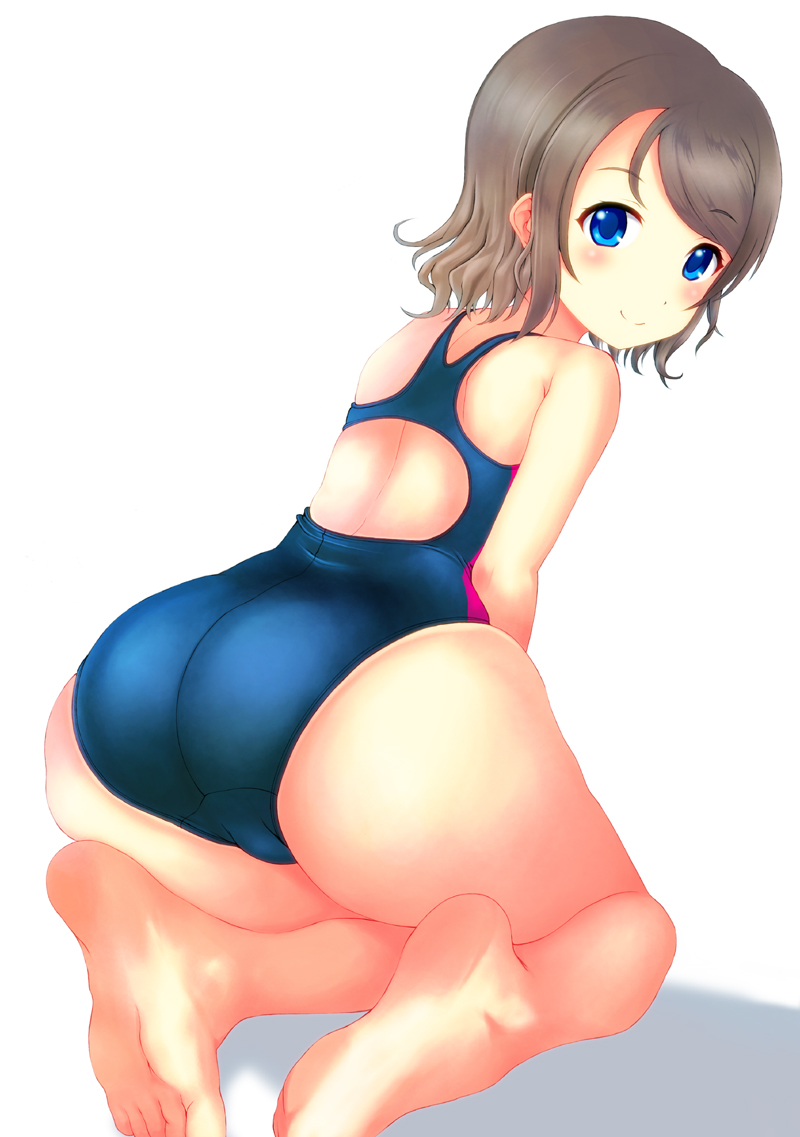 1girl ass back back_opening bare_shoulders barefoot blue_eyes blush brown_hair cameltoe from_behind kneeling looking_at_viewer love_live! love_live!_sunshine!! neuron one-piece_swimsuit school_uniform shiny shiny_skin short_hair sideboob smile solo watanabe_you