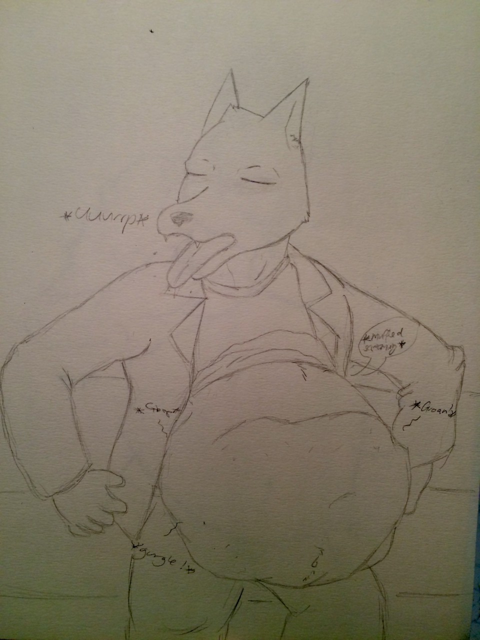 abdominal_bulge anthro clothing digestion english_text eyes_closed gregg_(nitw) night_in_the_woods open_mouth oral_vore soularwolf4 text tongue vore