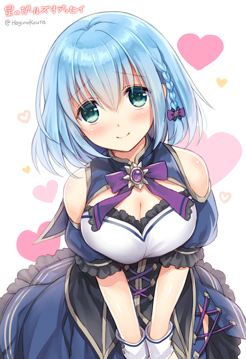 adhara_(hoshi_no_girls_odyssey) blue_hair bow braid breasts brooch cleavage closed_mouth copyright_name cowboy_shot green_eyes hagino_kouta hair_bow heart heart_background hoshi_no_girls_odyssey jewelry large_breasts looking_at_viewer purple_bow short_hair simple_background skirt smile solo twitter_username white_background