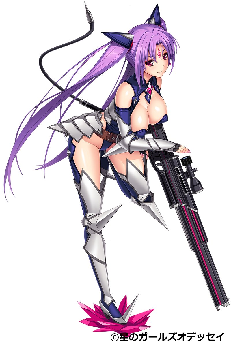 armor blue_leotard boots breasts closed_mouth copyright_name cygnus_(cygnus7) facial_mark fingerless_gloves forehead_mark full_body gloves gun highleg highleg_leotard highres hoshi_no_girls_odyssey large_breasts leaning_forward leotard light_smile long_hair looking_at_viewer official_art purple_hair red_eyes revealing_clothes simple_background solo standing standing_on_one_leg thigh_boots thighhighs titan_(hoshi_no_girls_odyssey) twintails weapon white_background