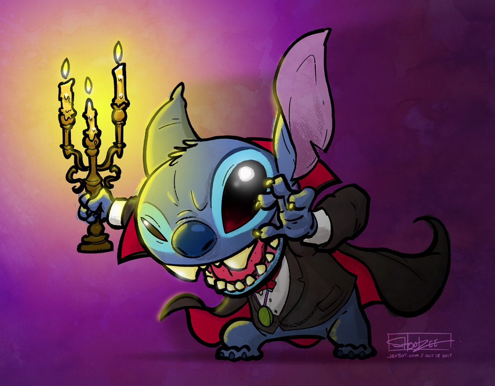 2017 4_fingers alien black_eyes blue_claws blue_fur blue_nose bottomless candelabra cape claws clothed clothing costume disney experiment_(species) fangs fire fur halloween head_tuft holding_object holidays lilo_and_stitch medallion notched_ear open_mouth shootzee signature simple_background solo stitch textured_background tuft url vampire