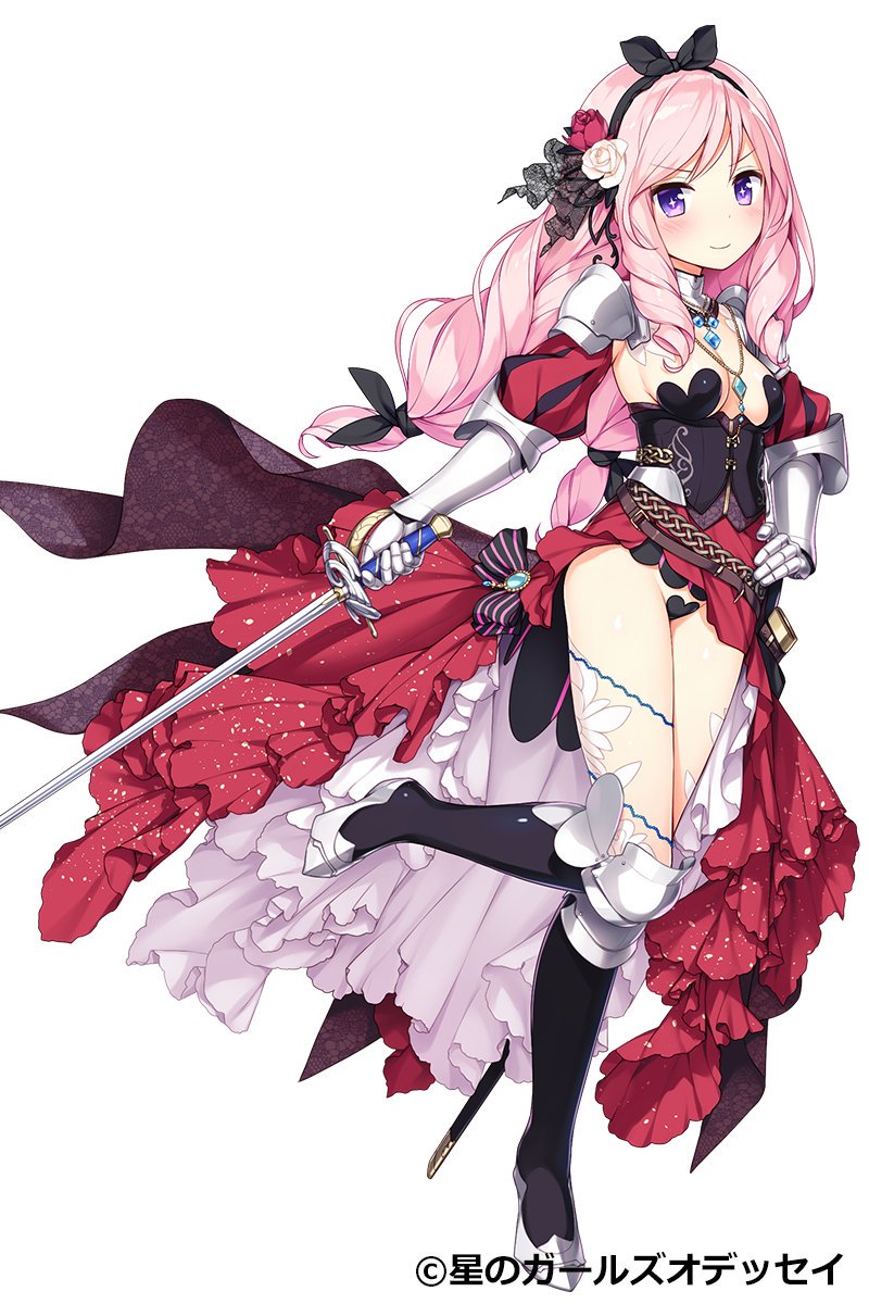 armor armored_dress artist_request black_bow black_footwear black_hairband boots bow breasts character_request cleavage copyright_name dress flower full_body hair_bow hair_flower hair_ornament hairband hand_on_hip highres holding holding_sword holding_weapon hoshi_no_girls_odyssey jewelry knee_boots layered_dress long_hair looking_at_viewer low-tied_long_hair maebari medium_breasts metal_gloves necklace official_art pink_hair purple_eyes rapier red_dress red_flower red_rose revealing_clothes rose simple_background smile solo standing standing_on_one_leg striped striped_bow sword twintails weapon white_background white_flower white_rose