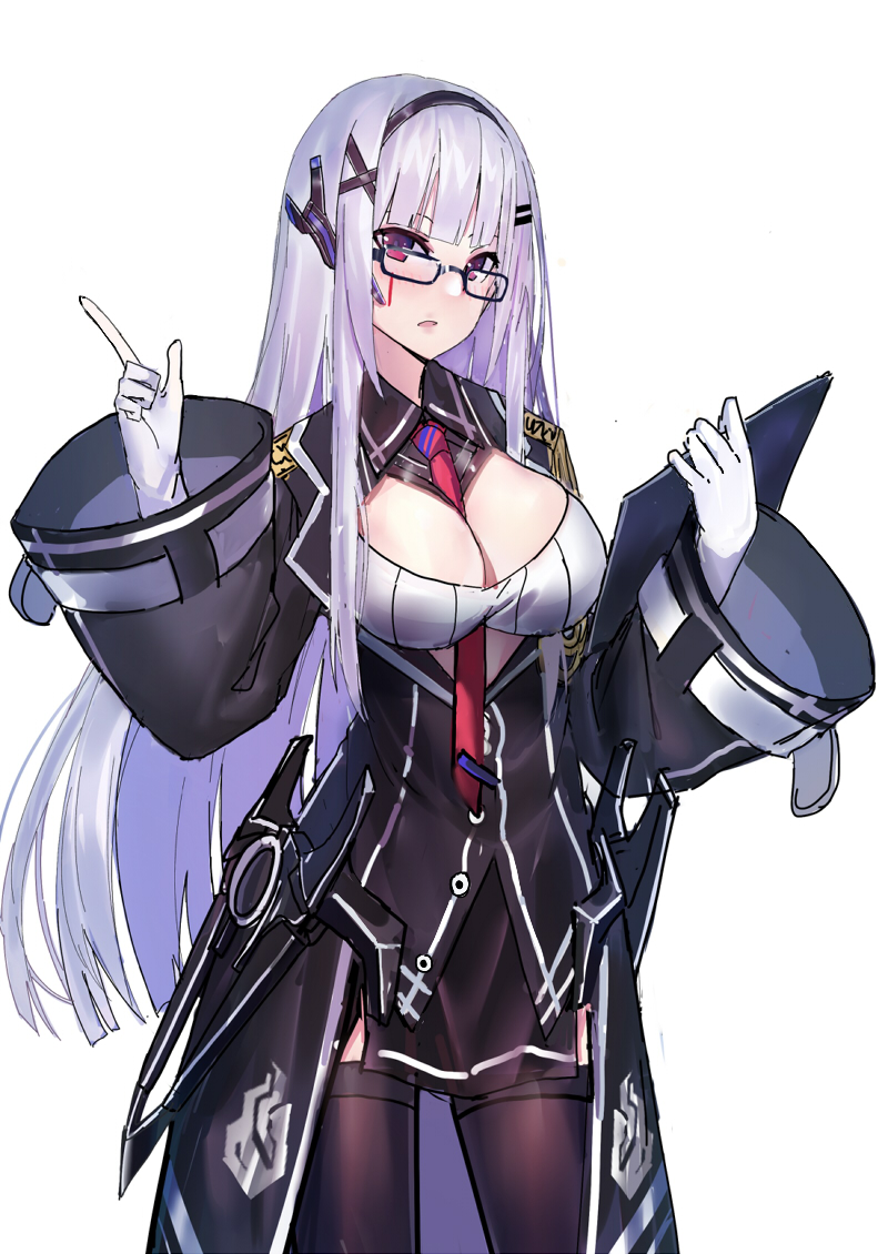 alternate_eye_color armor bangs bespectacled black-framed_eyewear black_hairband black_legwear blunt_bangs blush breasts cleavage cleavage_cutout clipboard cowboy_shot echj facial_mark faulds girls_frontline glasses gloves hair_ornament hairband hairclip hk416_(girls_frontline) holding index_finger_raised large_breasts long_hair long_sleeves necktie open_mouth pink_eyes red_neckwear silver_hair simple_background solo standing straight_hair thighhighs very_long_hair waist_cape white_background white_gloves wide_sleeves x_hair_ornament