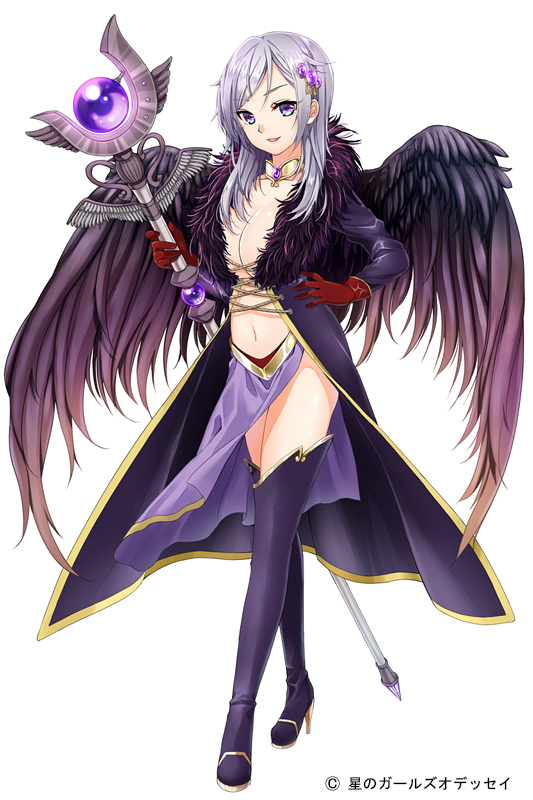 black_coat black_footwear black_wings boots breasts choker cleavage copyright_name feathered_wings full_body fur_trim gloves grey_hair hair_ornament hand_on_hip hera_(hoshi_no_girls_odyssey) holding holding_staff hoshi_no_girls_odyssey large_breasts long_hair looking_at_viewer minamoto_mamechichi official_art purple_skirt red_gloves silver_eyes simple_background skirt smile solo staff standing thigh_boots thighhighs white_background wings