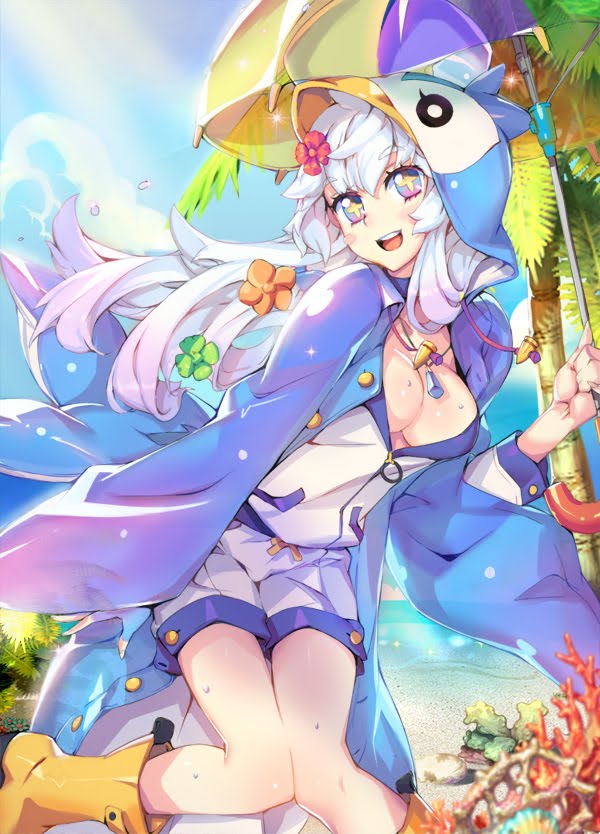 1girl :d boots breasts coral flower hair_flower hair_ornament hat holding holding_umbrella jacket jewelry long_hair medium_breasts necklace open_mouth outdoors penguin_hat rodway rubber_boots smile solo standing trickster umbrella very_long_hair white_hair yellow_footwear
