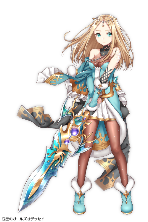 blonde_hair blue_coat blue_footwear brown_legwear canopus_(hoshi_no_girls_odyssey) circlet closed_mouth copyright_name full_body gloves green_eyes hattori_masaki holding holding_sword holding_weapon hoshi_no_girls_odyssey long_hair looking_at_viewer official_art pantyhose shoes simple_background skirt smile solo standing sword weapon white_background white_skirt