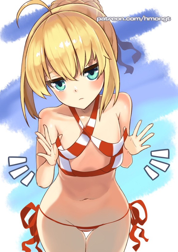 1girl ahoge artoria_pendragon_(all) bare_arms bare_shoulders bikini blonde_hair blue_eyes blush closed_mouth collarbone cosplay cowboy_shot criss-cross_halter fate/grand_order fate_(series) flat_chest frown halterneck jitome looking_at_viewer navel nero_claudius_(fate)_(all) nero_claudius_(swimsuit_caster)_(fate) nero_claudius_(swimsuit_caster)_(fate)_(cosplay) oversized_clothes phandit_thirathon red_bikini red_ribbon ribbon saber short_hair side-tie_bikini solo standing stomach striped striped_bikini swimsuit thigh_gap watermark web_address