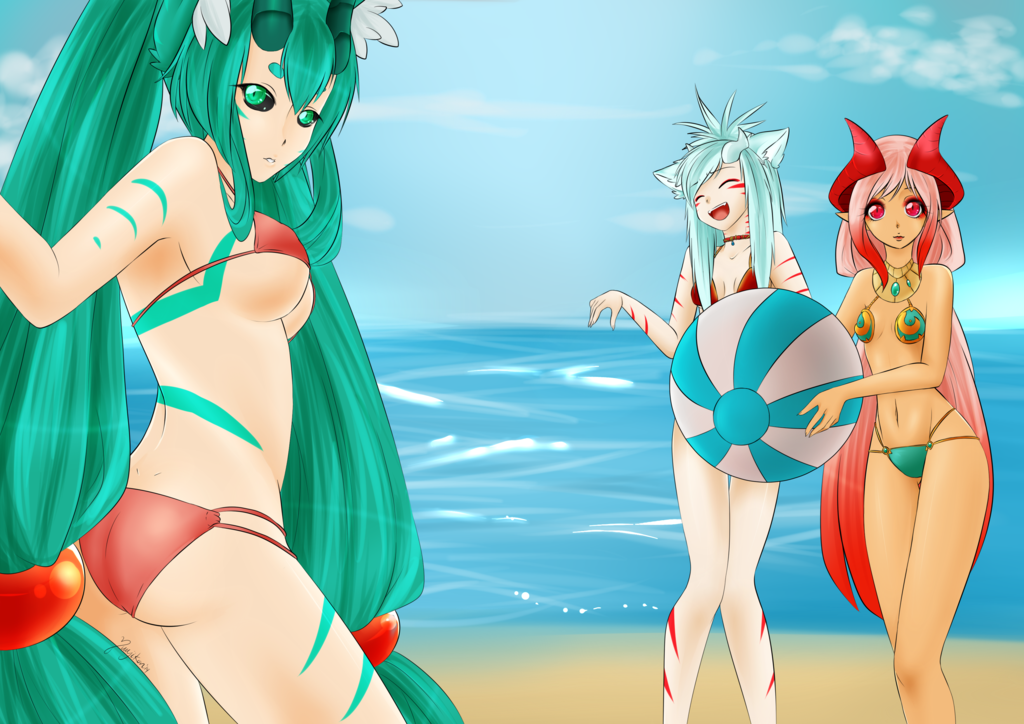 ball beach beachball bikini blue_bikini blue_hair body_markings breasts cassandra closed_eyes copyright_request crease day fox_ears gradient_hair green_eyes green_hair hair_ornament horns jewelry laughing looking_at_viewer medium_breasts multicolored_hair multiple_girls navel neck_ring pink_eyes pink_hair pink_lips red_bikini small_breasts swimsuit water