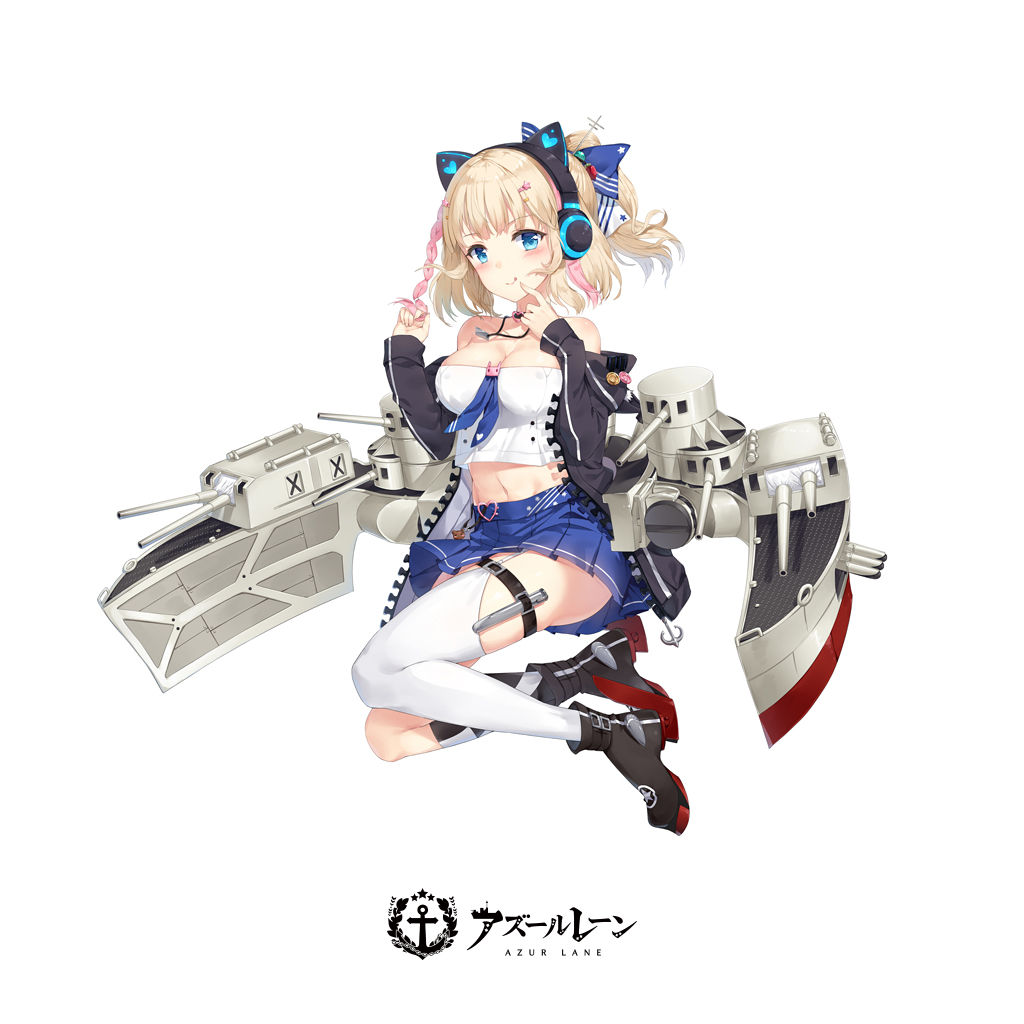 :q animal_ears asymmetrical_legwear azur_lane bare_shoulders blue_eyes blush breasts choker cleavage collarbone commentary_request copyright_name crop_top detached_sleeves fake_animal_ears full_body garter_straps hair_ornament hair_ribbon hairclip headphones jacket jewelry large_breasts light_brown_hair long_hair looking_at_viewer machinery maya_g midriff multicolored_hair navel necklace off_shoulder official_art open_clothes open_jacket pink_hair pleated_skirt ponytail ribbon richmond_(azur_lane) rudder_shoes simple_background skirt smile solo strapless thighhighs tongue tongue_out turret two-tone_hair white_background white_legwear