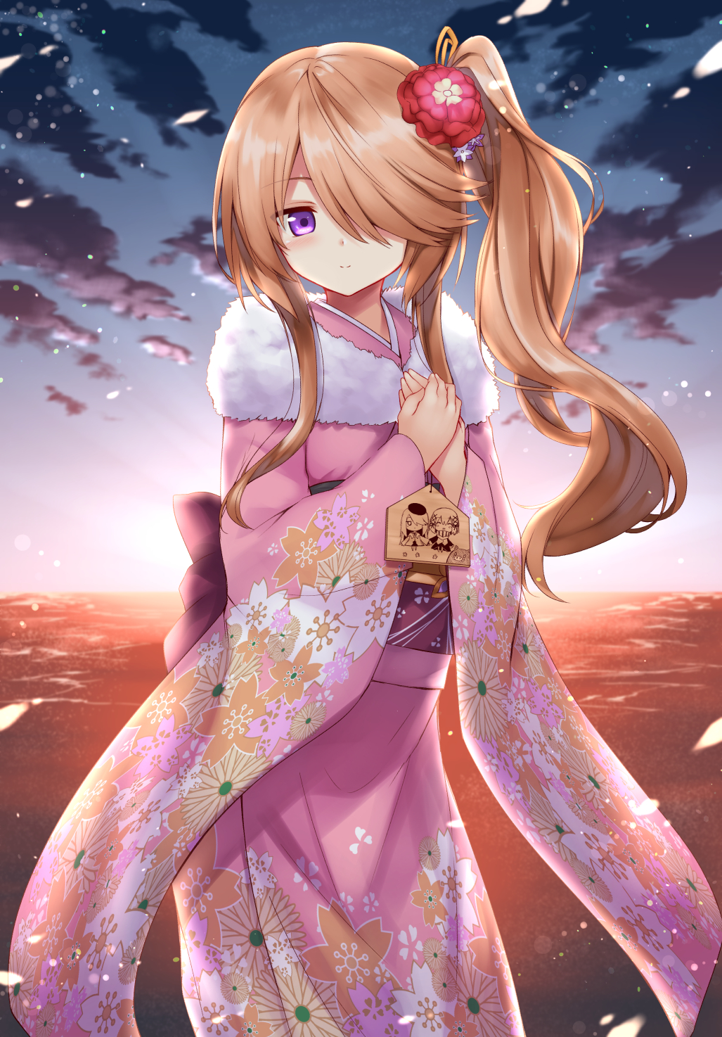1girl backlighting bangs blue_sky blush brown_hair closed_mouth cloud cloudy_sky commentary_request ema floral_print flower fur_collar furisode hair_flower hair_ornament hair_over_one_eye hands_on_own_chest hands_together hands_up highres horizon japanese_clothes kimono light_particles long_hair mahcdai obi ocean original outdoors petals pink_kimono print_kimono purple_eyes purple_flower red_flower rum_ialis sash side_ponytail sidelocks sky smile solo standing sunset swept_bangs water wavy_hair