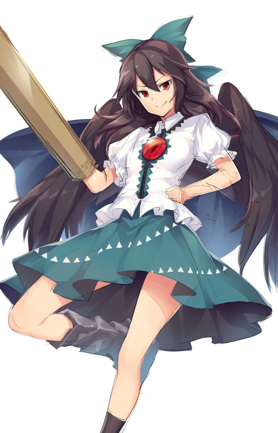 &gt;:) arm_cannon bird_wings black_hair black_wings bow cape closed_mouth collared_shirt commentary_request cowboy_shot green_skirt hair_bow hand_on_hip highres long_hair looking_at_viewer puffy_short_sleeves puffy_sleeves red_eyes reiuji_utsuho shirt short_sleeves skirt smile solo third_eye touhou usotsuki_penta v-shaped_eyebrows weapon white_shirt wings