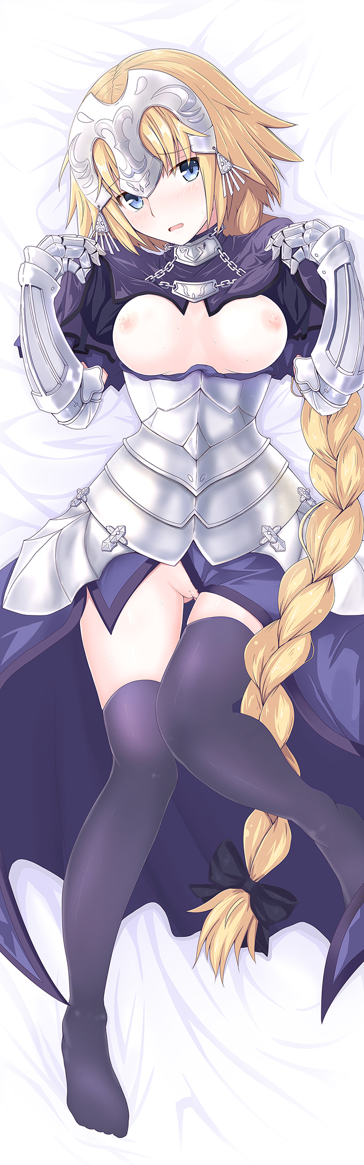 armor armored_dress ass_visible_through_thighs bed_sheet black_bow black_legwear blonde_hair blue_eyes blush bow braid breasts chain dakimakura eyebrows_visible_through_hair fate/apocrypha fate_(series) from_above gauntlets hair_bow head_tilt highres jeanne_d'arc_(fate) jeanne_d'arc_(fate)_(all) kirishima_noa long_hair looking_at_viewer lying medium_breasts nipples on_back open_mouth ponytail pussy single_braid solo thighhighs very_long_hair