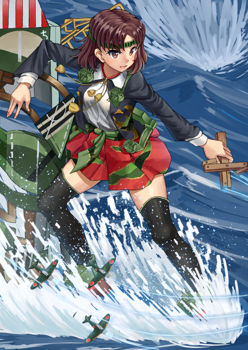 aa_gun aircraft airplane black_legwear blouse box breasts brown_eyes brown_hair camouflage camouflage_skirt cannon chiyoda_(kantai_collection) cropped_jacket flight_deck full_body hakama_skirt headband japanese_clothes kantai_collection marionette mayura2002 medium_breasts ocean open_mouth puppet puppet_strings shoes short_hair skirt smile string thighhighs turret water waves
